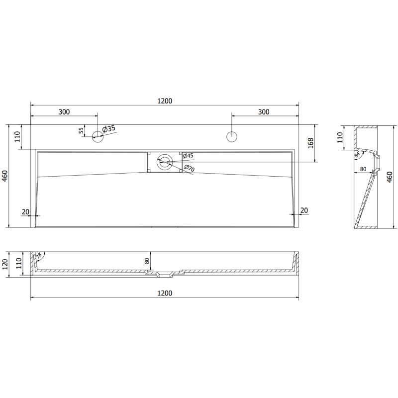 Mexen Ava dosková umývadlo z konglomerátu 2/O 120 x 46 cm, čierna - 23011272