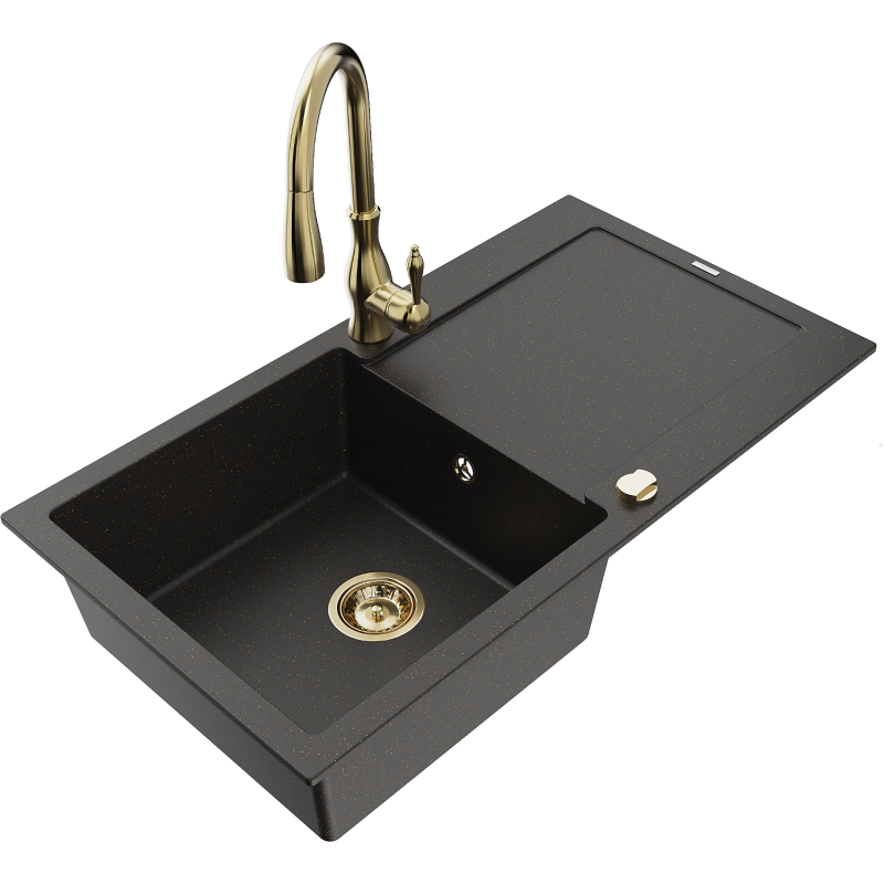 Mexen Leo granitový drez s 1 komorou s odkvapkávačom a kuchynskou batériou Savita, čierny/zlatý metalický