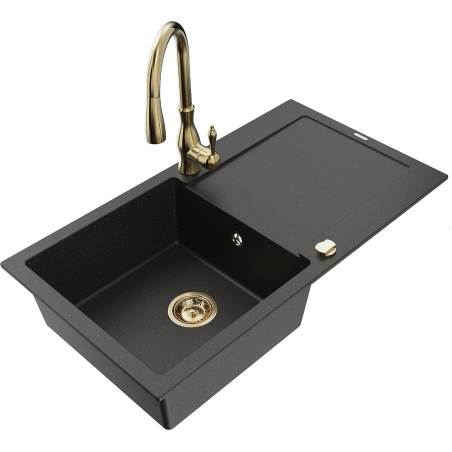 Mexen Leo granitový drez s 1 komorou s odkvapkávačom a kuchynskou batériou Savita, čierny/zlatý metalický