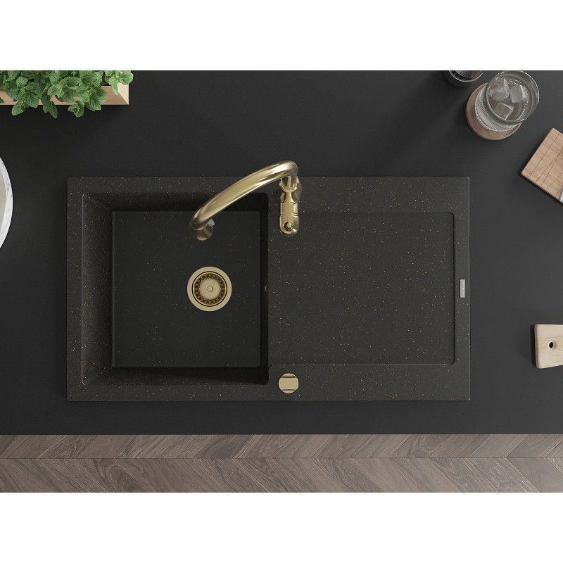 Mexen Leo granitový drez s 1 komorou s odkvapkávačom a kuchynskou batériou Savita, čierny/zlatý metalický