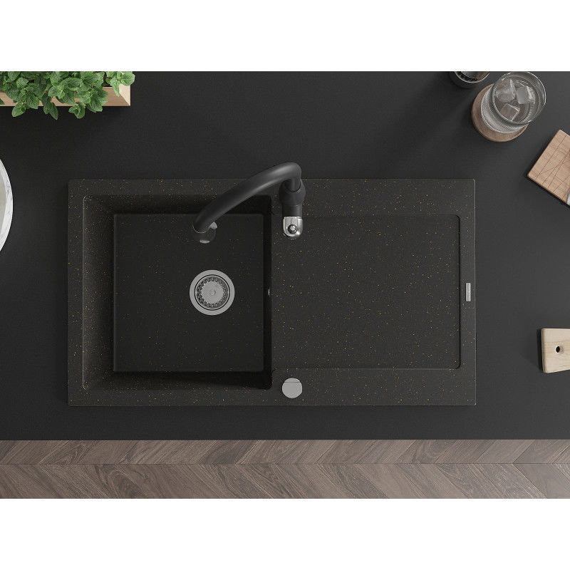 Mexen Leo granitový drez s jednou komorou s odkvapkávačom a kuchynskou batériou Savita, čierny/zlatý metalik