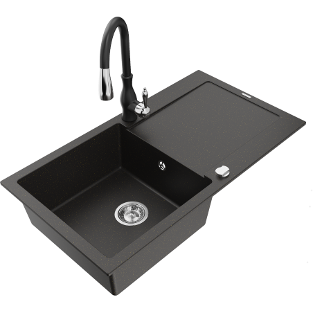 Mexen Leo granitový drez s jednou komorou s odkvapkávačom a kuchynskou batériou Savita, čierny/zlatý metalik