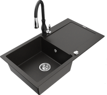 Mexen Leo granitový drez s jednou komorou s odkvapkávačom a kuchynskou batériou Savita, čierny/zlatý metalik