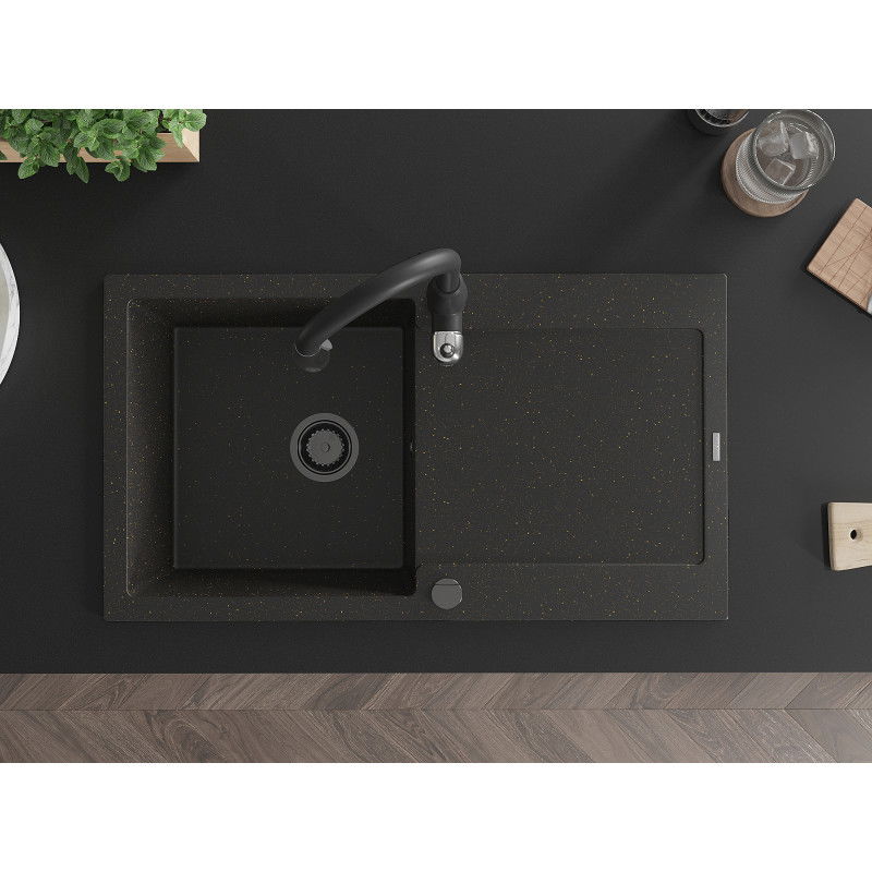 Mexen Leo granitový drez s 1 komorou a odkvapkávačom a kuchynskou batériou Savita, čierny/zlatý metalik