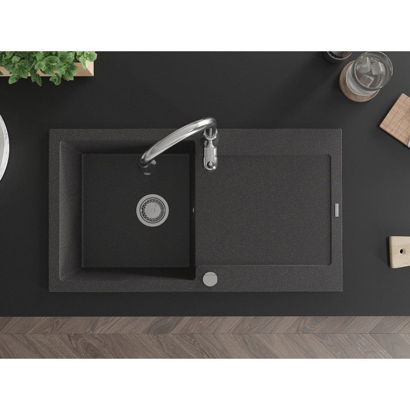 Mexen Leo granitový drez 1-komorový s odkvapkávačom a kuchynskou batériou Savita, čierny kropenatý - 6501-76-672601-00