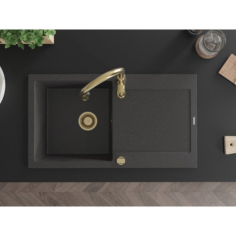 Mexen Leo žulový drez s jednou komorou s odkvapkávačom a kuchynskou batériou Savita, čierna s bodkami - 6501-76-672601-50