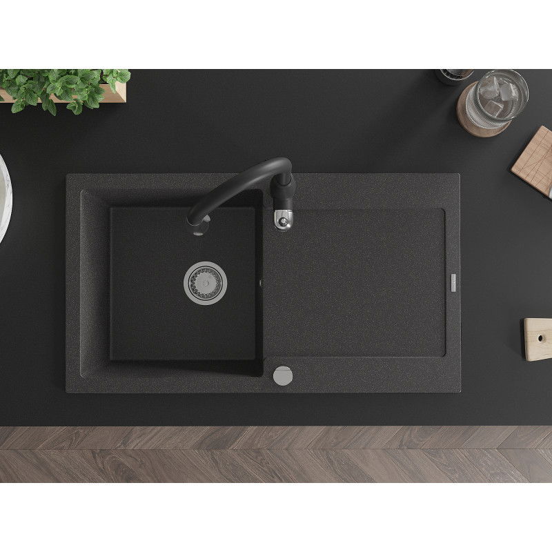 Mexen Leo žulový drez s jednou komorou a odkvapkávačom a kuchynskou batériou Savita, čierny so škvrnami - 6501-76-672601-70