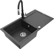 Mexen Leo žulový drez s jednou komorou a odkvapkávačom a kuchynskou batériou Savita, čierny so škvrnami - 6501-76-672601-70