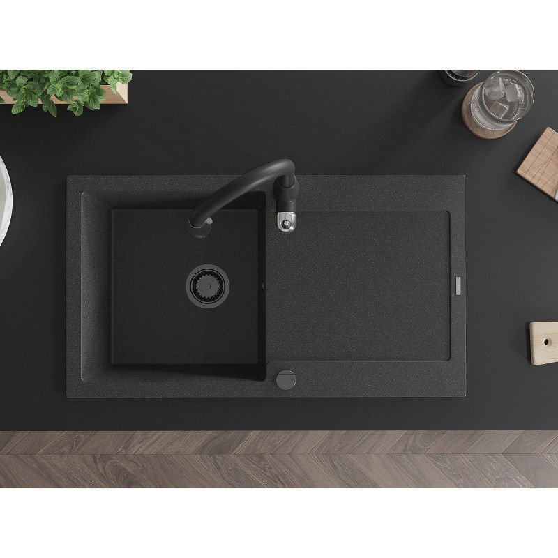 Mexen Leo granitový kuchynský drez s 1 komorou s odkvapkávačom a kuchynskou batériou Savita, čierny bodkovaný