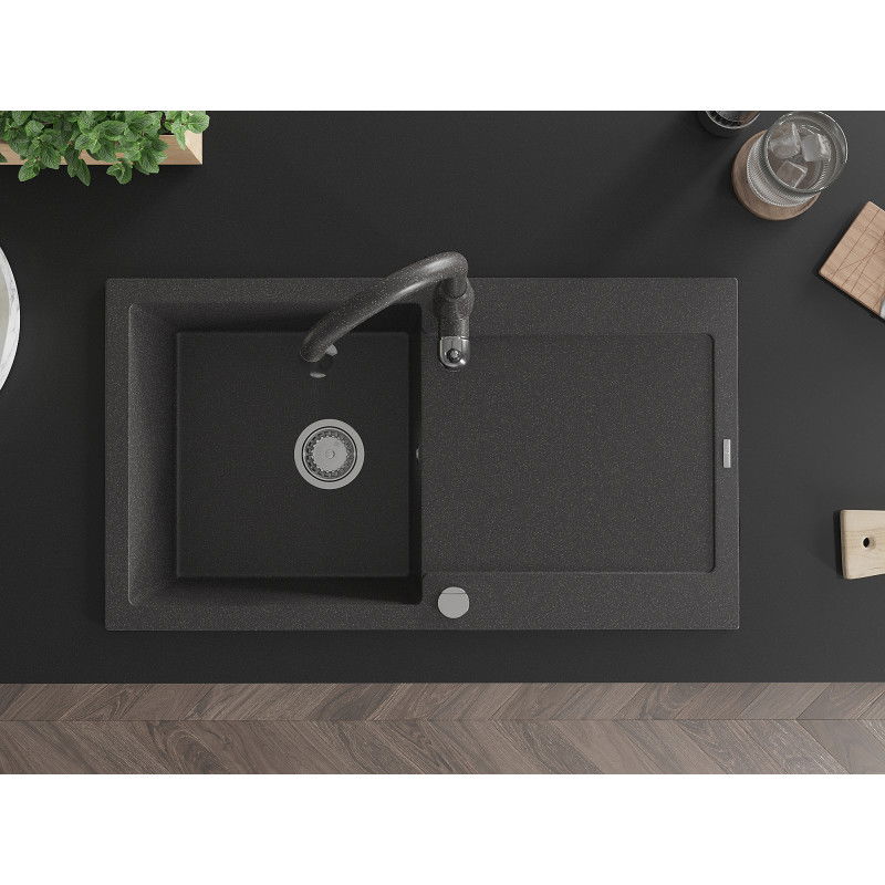 Mexen Leo žulový kuchynský drez s 1 komorou a odkvapkávačom a kuchynskou batériou Savita, čierny škvrnitý - 6501-76-672601-76