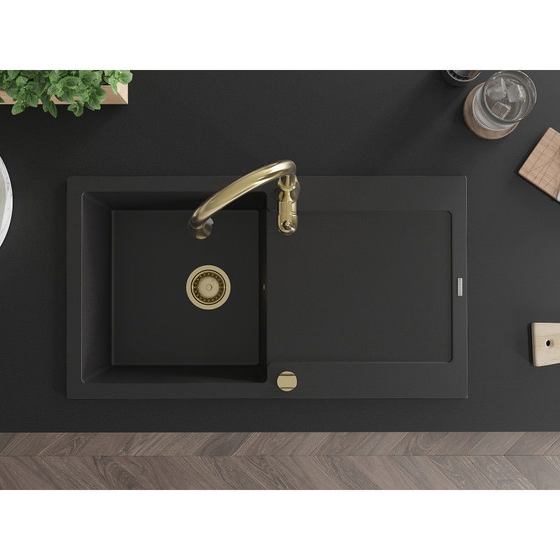 Mexen Leo žulový kuchynský drez 1-komorový s odkvapkávačom a kuchynskou batériou Savita, čierny - 6501-77-672601-50