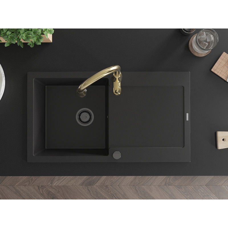 Mexen Leo granitový kuchynský drez 1-komorový s odkvapkávačom a kuchynskou batériou Savita, čierny - 6501-77-672601-50-B