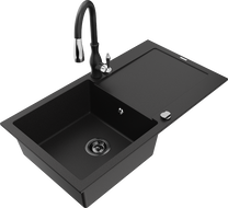 Mexen Leo granitový kuchynský drez s 1 komorou, odkvapávačom a kuchynskou batériou Savita, čierny - 6501-77-672601-70-B
