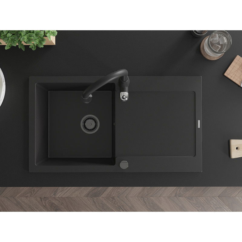 Mexen Leo granitový kuchynský drez s 1 komorou, odkvapávačom a kuchynskou batériou Savita, čierny - 6501-77-672601-70-B