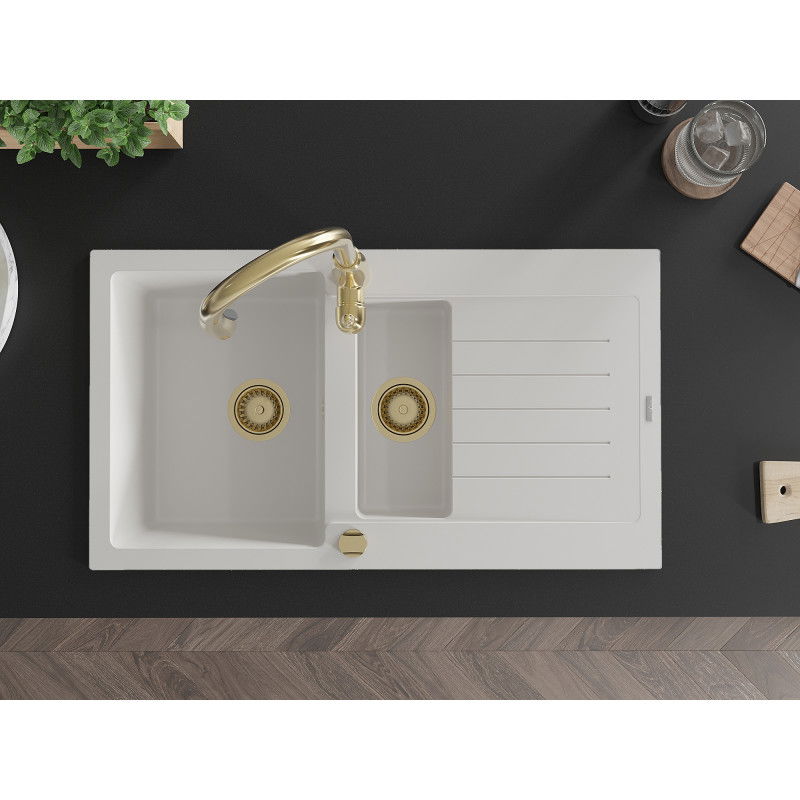 Mexen Matias žulový drez 1,5-komorový s odkvapkávačom a kuchynskou batériou Savita, biely - 6502-20-672601-50