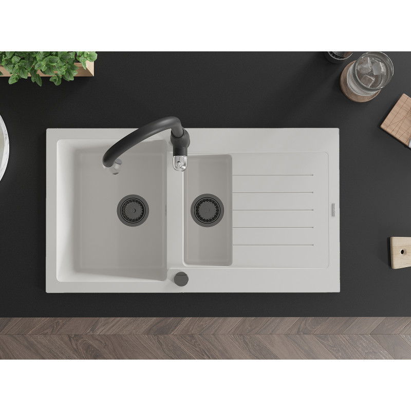 Mexen Matias granitový drez s 1,5 komorou s odkvapkávačom a kuchynskou batériou Savita, biely - 6502-20-672601-70