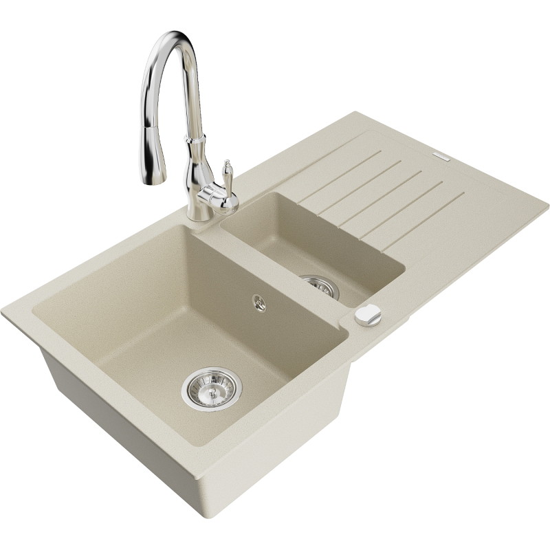 Mexen Matias granitový drez 1,5-komorový s odkvapkávacou plochou a kuchynskou batériou Savita, béžový - 6502-69-672601-00