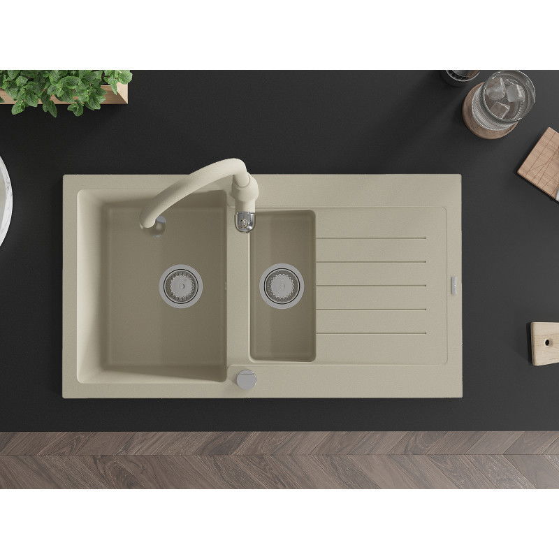 Mexen Matias žulový drez 1,5-komorový s odkvapkávačom a kuchynskou batériou Savita, béžový - 6502-69-672601-69