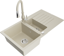 Mexen Matias žulový drez 1,5-komorový s odkvapkávačom a kuchynskou batériou Savita, béžový - 6502-69-672601-69