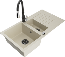 Mexen Matias granitový drez 1,5-komorový s odkvapkávačom a kuchynskou batériou Savita, béžový - 6502-69-672601-70