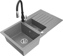 Mexen Matias žulový drez 1,5-komorový s odkvapkávačom a kuchynskou batériou Savita, sivý - 6502-71-672601-70