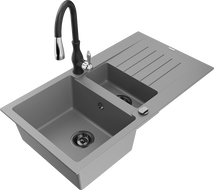 Mexen Matias granitový drez 1,5-komorový s odkvapkávacou plochou a kuchynskou batériou Savita, sivý - 6502-71-672601-70-B