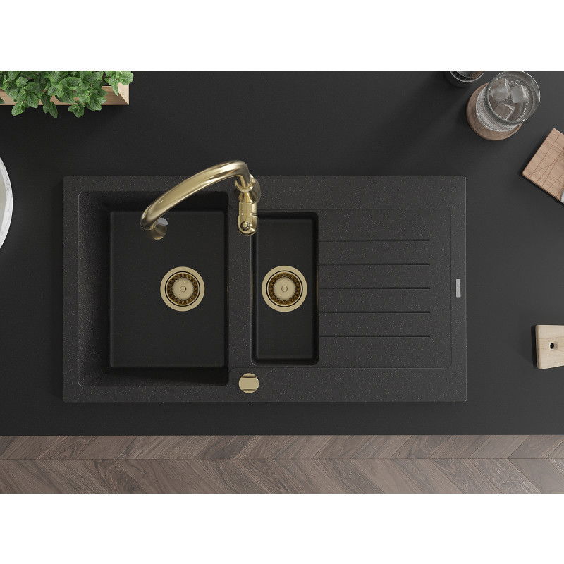 Mexen Matias žulový drez 1,5-komorový s odkvapkávačom a kuchynskou batériou Savita, čierny/strieborný - 6502-73-672601-50