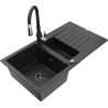 Mexen Matias 1,5-komorový žulový drez s odkvapkávačom a kuchynskou batériou Savita, čierny/strieborný - 6502-73-672601-70-B