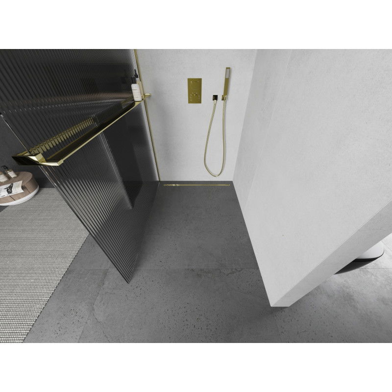 Mexen Kioto+ sprchová stena s poličkou Walk-in 70 x 200 cm, pruhovaná, zlatá - 800-070-121-50-09