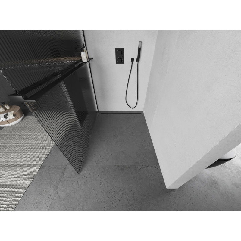 Mexen Kioto+ sprchová stena s poličkou Walk-in 70 x 200 cm, prúžky, čierna - 800-070-121-70-09