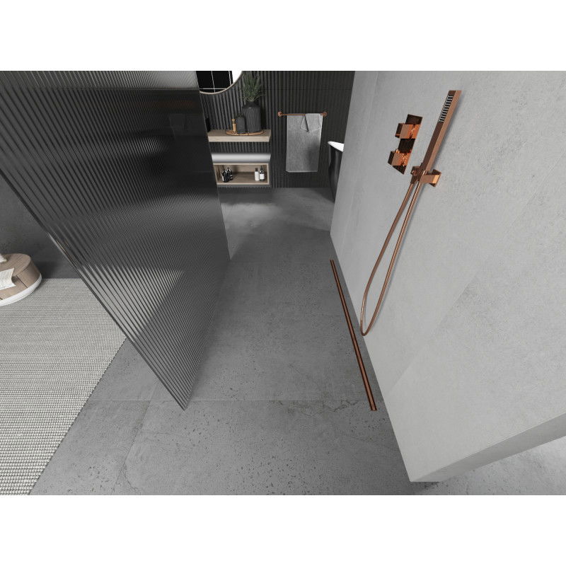 Mexen Kioto samostatne stojaca sprchová stena 100 x 200 cm, prúžky 8 mm, ružové zlato - 800-100-002-60-09