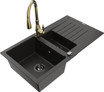 Mexen Matias granitový drez 1,5-komorový s odkvapkávačom a kuchynskou batériou Savita, čierny/zlatý - 6502-75-672601-50-B