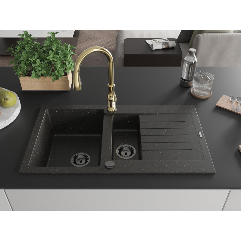Mexen Matias granitový kuchynský drez 1,5-komorový s odkvapkávačom a kuchynskou batériou Savita, čierny/zlatý