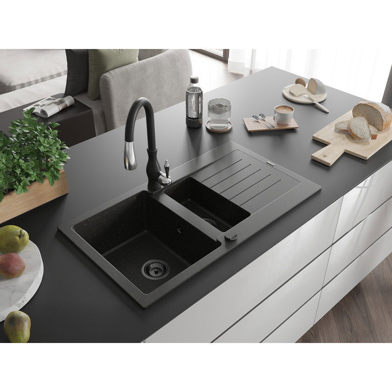 Mexen Matias granitový drez 1,5-komorový s odkvapkávačom a kuchynskou batériou Savita, čierny/zlatý - 6502-75-672601-70-B