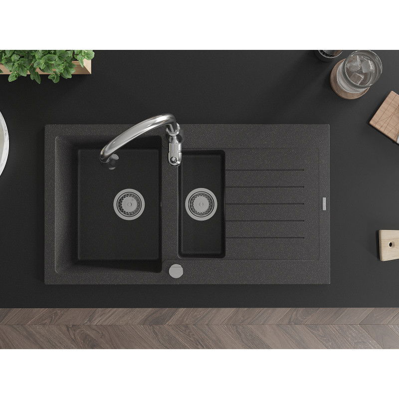 Mexen Matias žulový drez 1,5-komorový s odkvapkávačom a kuchynskou batériou Savita, čierny s fŕkancami - 6502-76-672601-00