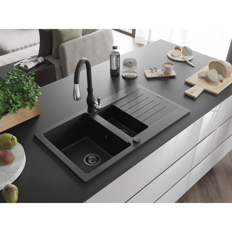 Mexen Matias granitový drez 1,5-komorový s odkvapkávačom a kuchynskou batériou Savita, čierny - 6502-77-672601-70-B