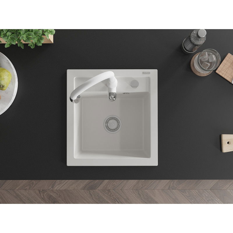 Mexen Vito granitový kuchynský drez, 1-komorový s kuchynskou batériou Savita, biely - 6503-20-672601-20