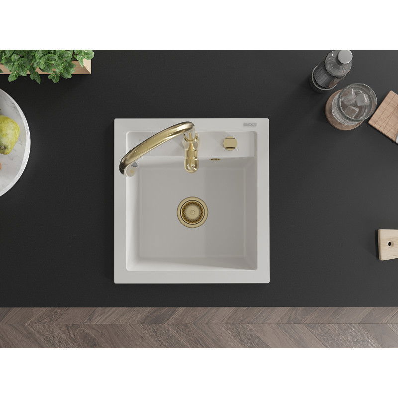 Mexen Vito žulový drez s 1 komorou a kuchynskou batériou Savita, biely - 6503-20-672601-50