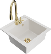 Mexen Vito žulový drez s 1 komorou a kuchynskou batériou Savita, biely - 6503-20-672601-50