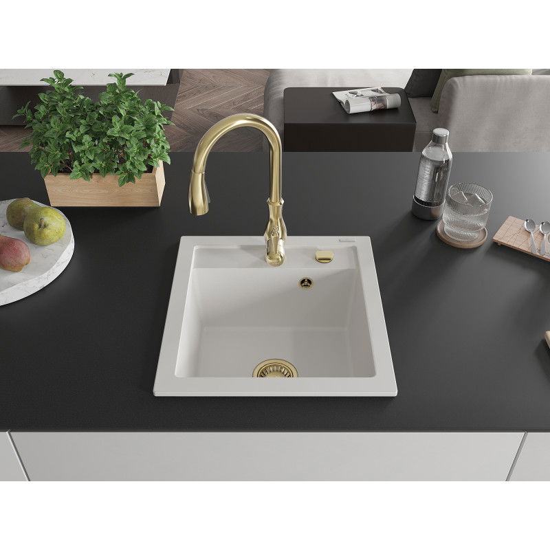 Mexen Vito žulový drez s 1 komorou a kuchynskou batériou Savita, biely - 6503-20-672601-50