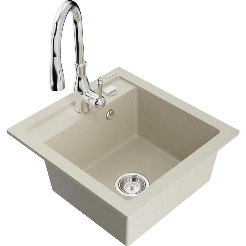 Mexen Vito granitový drez s 1 komorou s kuchynskou batériou Savita, béžový - 6503-69-672601-00