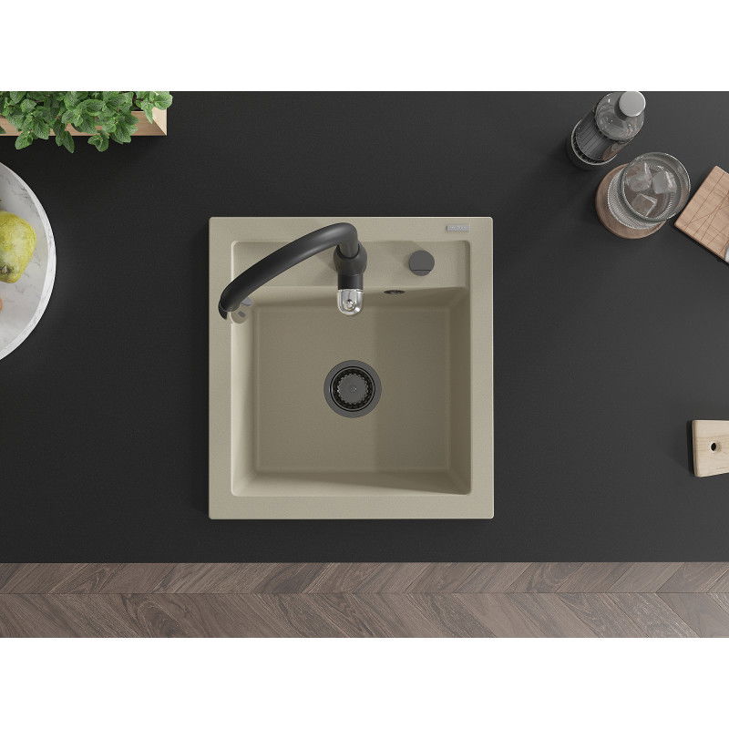 Mexen Vito kuchynský drez z granitu 1-komorový s kuchynskou batériou Savita, béžový - 6503-69-672601-70