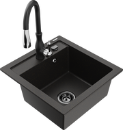 Mexen Vito žulový drez s 1 komorou a kuchynskou batériou Savita, čierna/zlatý kov - 6503-75-672601-70-B