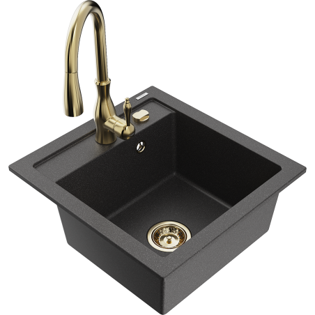 Mexen Vito granitový kuchynský drez 1-komorový s kuchynskou batériou Savita, čierny fľakatý - 6503-76-672601-50