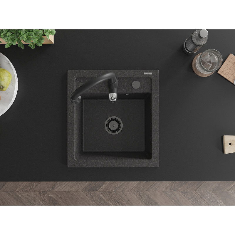 Mexen Vito žulový kuchynský drez 1-komorový s kuchynskou batériou Savita, čierny škvrnitý - 6503-76-672601-70-B