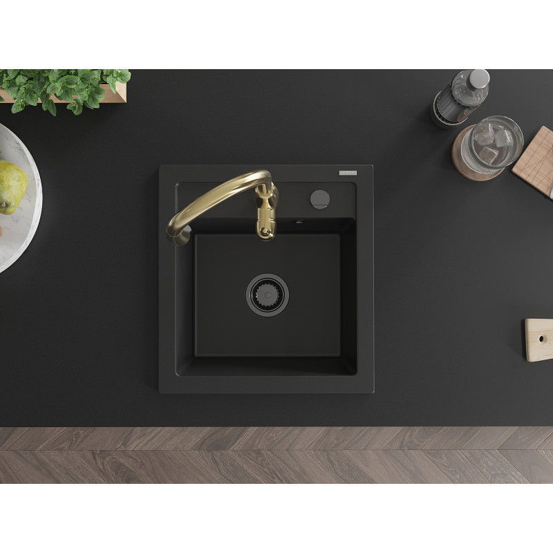 Mexen Vito žulový drez 1-komorový s kuchynskou batériou Savita, čierny - 6503-77-672601-50-B