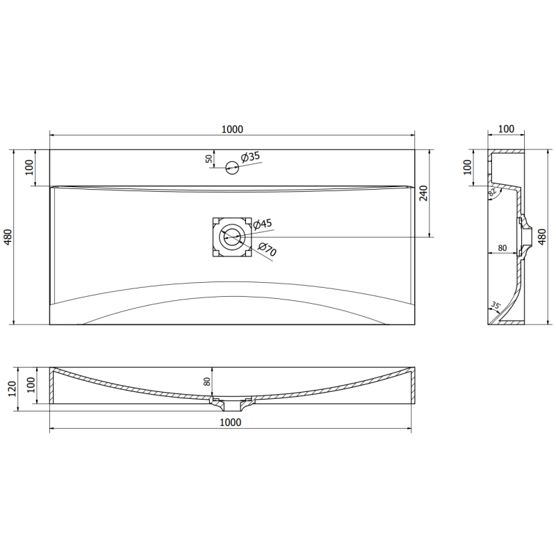 Mexen Poli dosková umývadlo z konglomerátu 1/O 100 x 48 cm, biela - 23021001