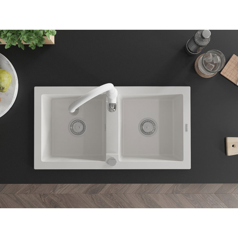 Mexen Mario granitový drez 2-komorový s kuchynskou batériou Savita, biely - 6504-20-672601-20