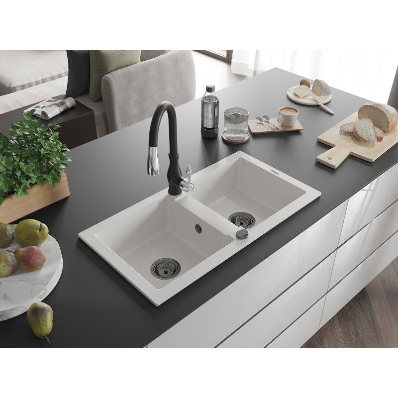 Mexen Mario žulový kuchynský drez 2-komorový s kuchynskou batériou Savita, biely - 6504-20-672601-70