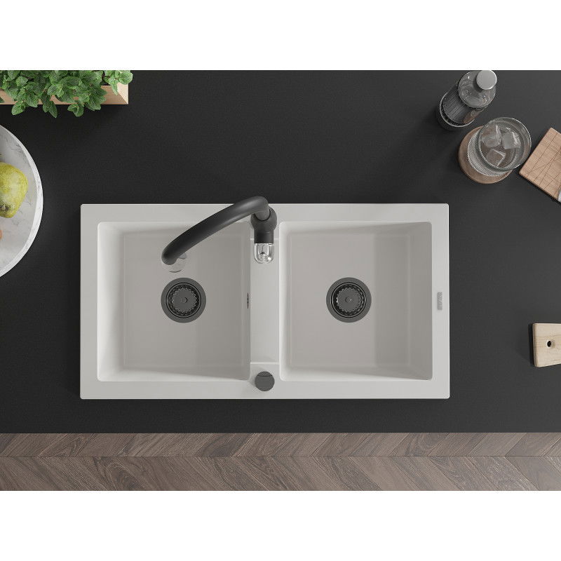 Mexen Mario žulový kuchynský drez 2-komorový s kuchynskou batériou Savita, biely - 6504-20-672601-70